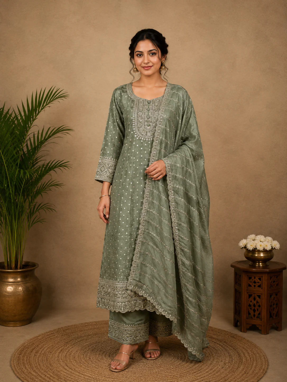 Green Dotted Design Silk Salwar Suit